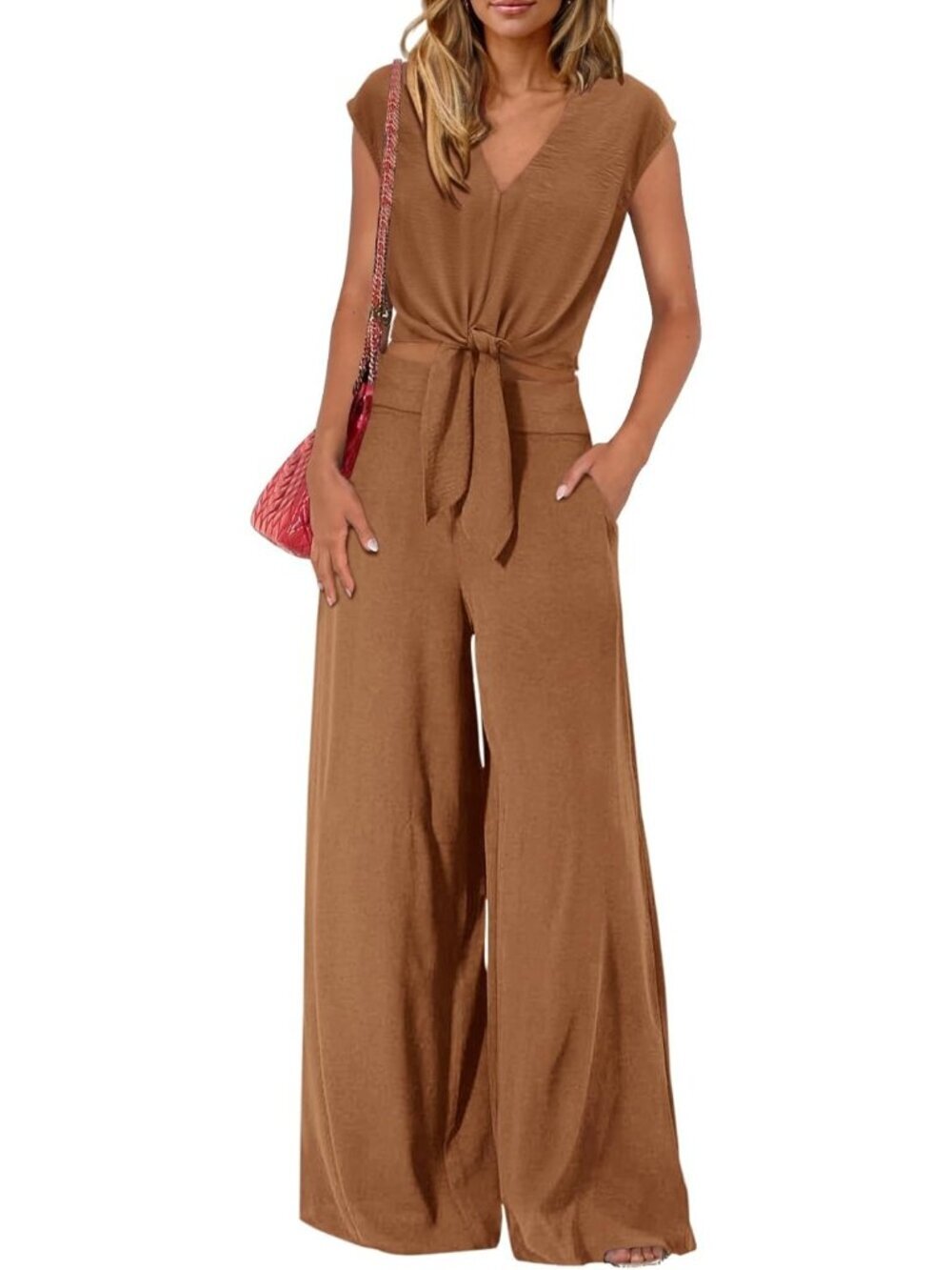 Women's Camel Summer 2 Piece Outfits Cap Sleeve V Neck Belted Crop Tops